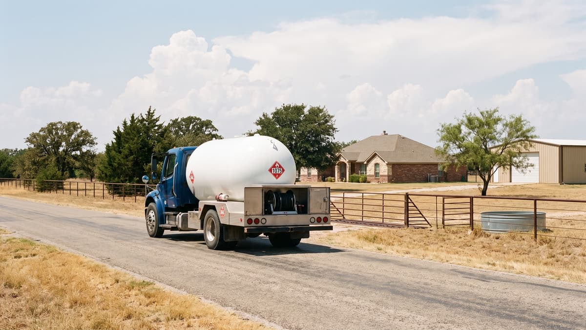 A propane bobtail on a two-lane farm-to-market road through open North Texas ranch country, seen from behind, with a ranch home and metal shop beyond the fence line.