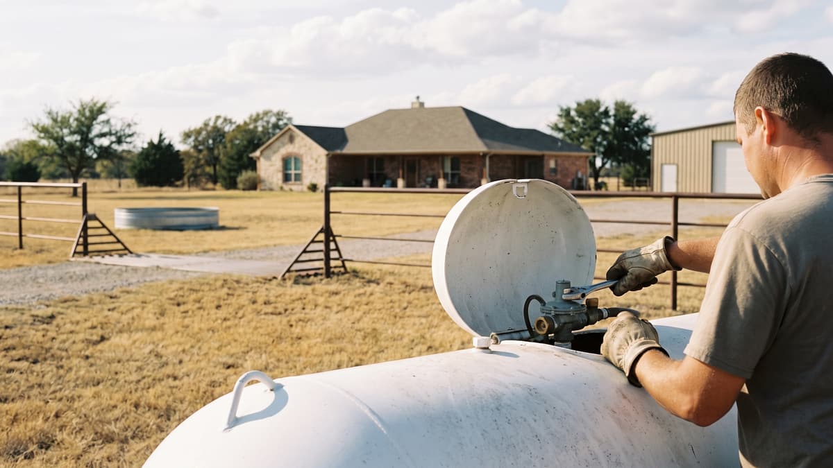 A propane technician standing beside a yard tank with its dome lid folded open, both gloved hands on the regulator and service valve on top of the tank.