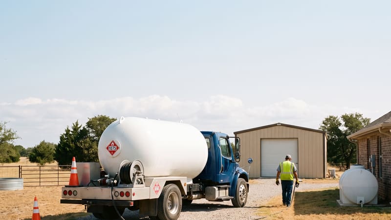 A propane delivery truck parked on the gravel drive of a North Texas place, the driver walking the hose out toward a white tank at the corner of the house, under a big pale sky.