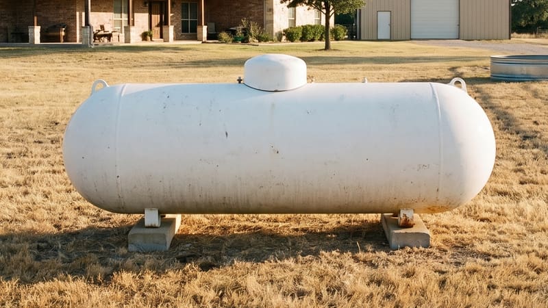 A 500-gallon white horizontal propane tank on concrete piers in dry pasture, its dome lid closed on top.