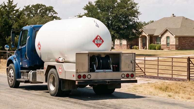 Close view of the rear working deck of a propane delivery truck: the hose reel in its open cabinet and a red UN1075 placard on the tank.