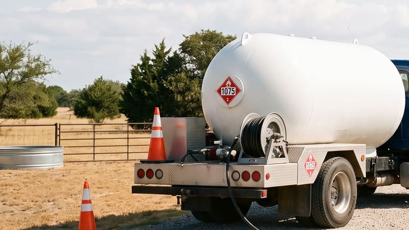 The rear deck of a propane delivery truck: one hose reel, the delivery hose run out across the gravel, traffic cones set out around the work area.