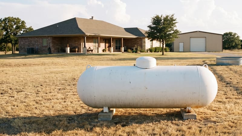 A white propane tank in the side yard of a brick ranch home with a deep covered porch, a metal shop building and post oaks behind it.