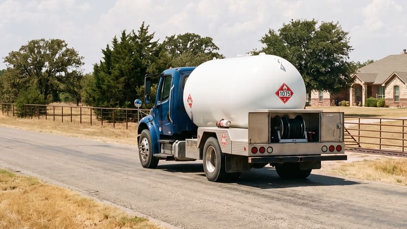 A propane bobtail on a two-lane farm-to-market road through open North Texas ranch country, seen from behind.