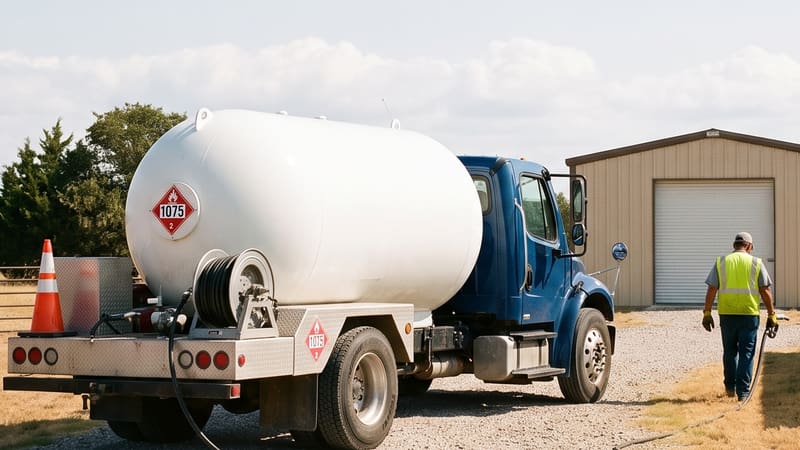 The flank of a white propane tank on a delivery truck, with a red UN1075 placard on the tank head and the blue cab beyond it.