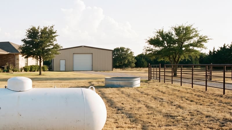 A tan metal shop building with a roll-up door, a welded pipe fence and a round galvanized stock tank in dry pasture.