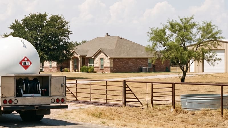 A brick ranch home behind a welded pipe fence, with post oak and mesquite along the fence line and the rear of a propane delivery truck at the left.