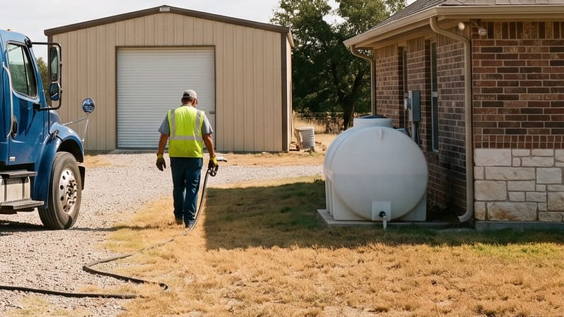 A white propane tank standing at the corner of a brick house, with a metal shop building and a driver in a hi-vis vest behind it.