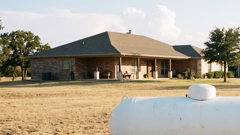 A brick ranch home with a deep covered porch under post oaks, the crown of a white propane tank standing in the yard in front of it.