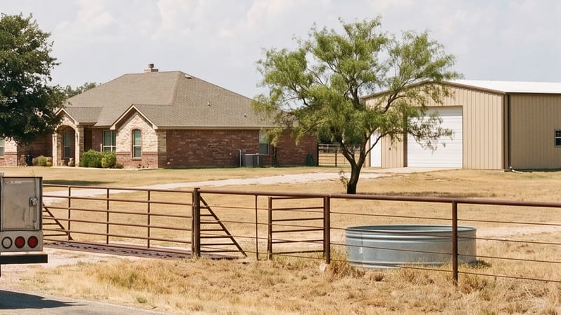 A tan metal shop building with its roll-up door raised, a welded pipe gate and a round galvanized stock tank beside a two-lane road.