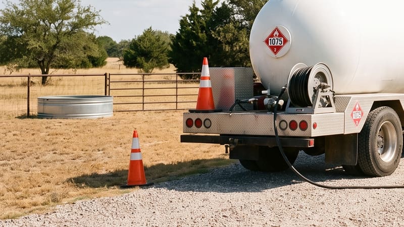 A welded pipe corral and a round galvanized stock tank in dry pasture, with the rear of a propane delivery truck at the right.
