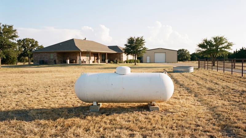 A 500-gallon white horizontal propane tank on concrete piers in the side yard of a brick ranch home, dry pasture and a metal shop building behind it.